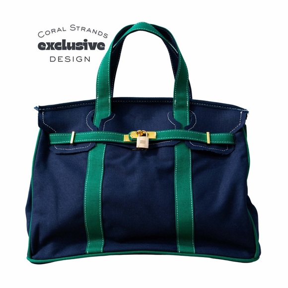 Boatkin Canvas Boat Tote Navy w/Green Piping, Includes Free Lock & Makeup Pouch - Picture 1 of 11